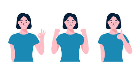 Woman doing positive gestures set. Happy woman raise hand gesture for meaning successful or winning. Ok, Like, Fighting, Success, Thumbs up sign, flat design style minimal illustrations.のイラスト素材