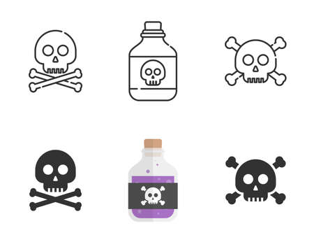 skull and crossbones icon, Bottle of poison or poisonous chemical toxin with skull label, Halloween design element or classic "Jolly Roger" pirate flag. Outline, line.のイラスト素材