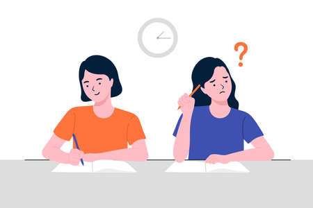 Stressed school student filling out answers to exam test answer sheet with pencil sitting at a classroom desk. Not knowing answers. the smart woman taking a test, preparing for exams at University.のイラスト素材