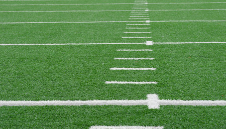 American football field of artifical turf with white markers.  Copy space.