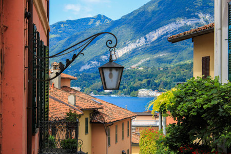 Bellagio: a view of Lake Como with lamppostの写真素材