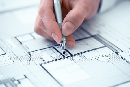 Female pencil blueprint pen hands closeupの写真素材
