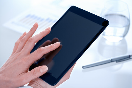 Female business computer desk closeup handsの写真素材