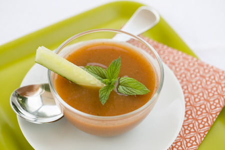 Bowl of Gaspacho with Mint and cucumberの写真素材