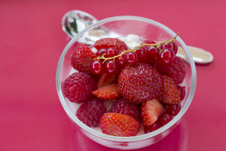 Red fruits in bowl glassの写真素材