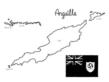 Anguilla Country Map Flag Vector Illustration Hand Drawn Cartoon Artのイラスト素材