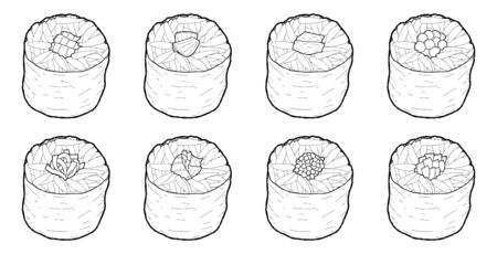 Set of Sushi Roll Japan Food  Vector Illustration Hand Drawn Cartoon Artのイラスト素材