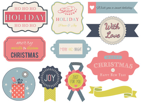 Collection of christmas ornaments and decorative elements, vintage frames, labels, tags, stickers and ribbons.のイラスト素材