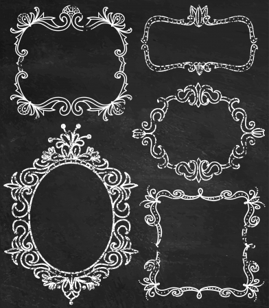 Set of chalk ornamental detailed hand drawn frames illustrations in vector. Chalkboard background.のイラスト素材