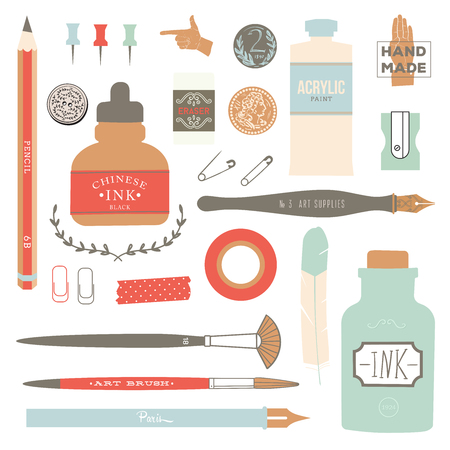 Vintage vector art tools - pens, ink, tag, stamps, brushes, pin.のイラスト素材