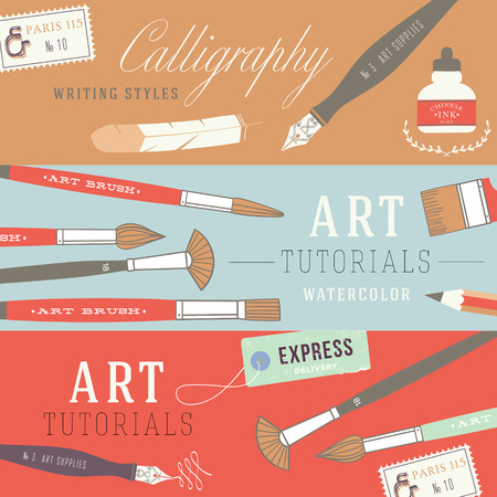 Flat design concepts for art courses, exhibitions , schools of painting and calligraphy. Web banners and printed materials.のイラスト素材