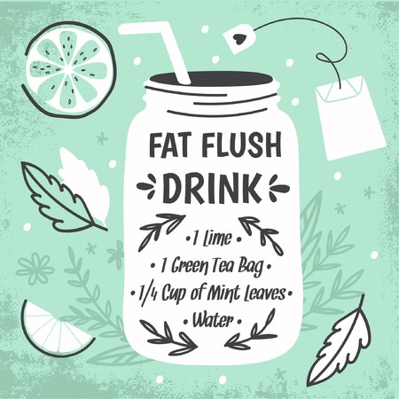 Detox fat flush water recipe. Decorative doodle style vector illustration with mason jar and ingredients.のイラスト素材
