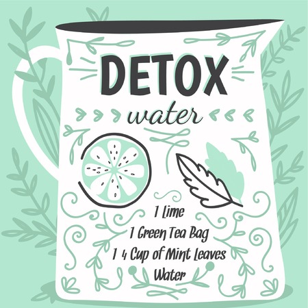 Detox fat flush water recipe. Decorative doodle style vector illustration with jar and ingredients.のイラスト素材