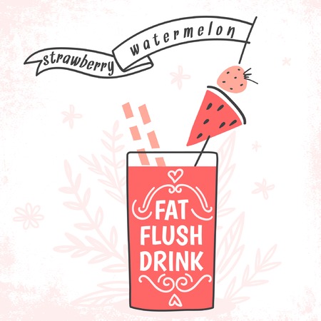 Detox fat flush drink recipe. Decorative doodle style vector illustration with watermelon and strawberryのイラスト素材