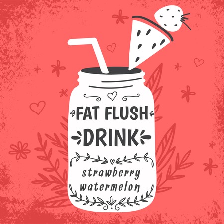 Detox fat flush water recipe. Decorative doodle style vector illustration with mason jar and ingredients.のイラスト素材