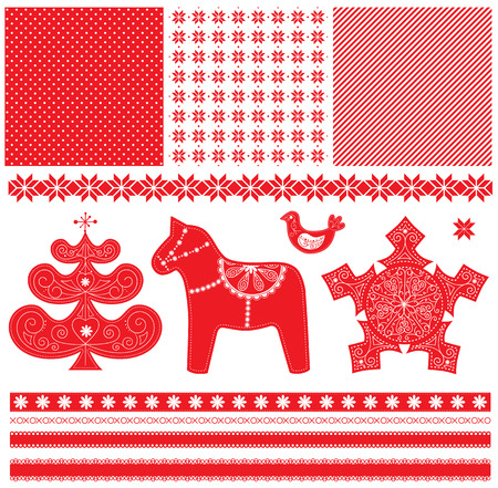 Scandinavian Christmas Red and White Decoration. Vector Dala Horse, Christmas Tree, Bird, Seamless Patterns and Ribbon.のイラスト素材
