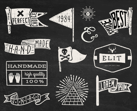Set of hand drawn hipster vintage badges, borders, frames and labels on chalk board background. eps10のイラスト素材