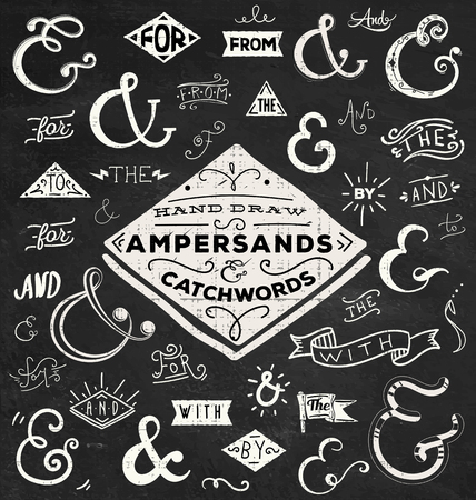 Chalk Catchwords, ribbons, ampersands design elements set. at, to, for, the, of, with, by, and, from. Vector graphic set on chalkboard background.のイラスト素材