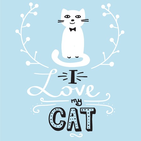 I love my cat. Hand drawn vector illustration with lettering.のイラスト素材