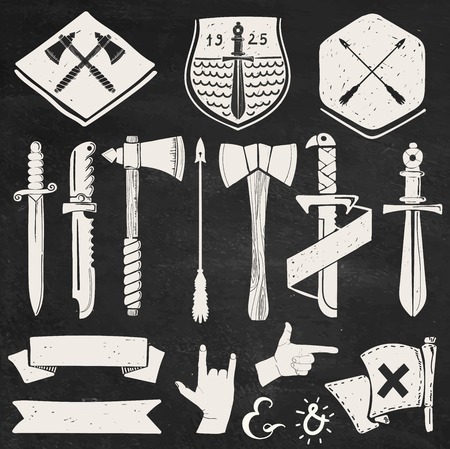 Hand drawn hipster design elements for logos and labels: swords, ribbons, badges.のイラスト素材