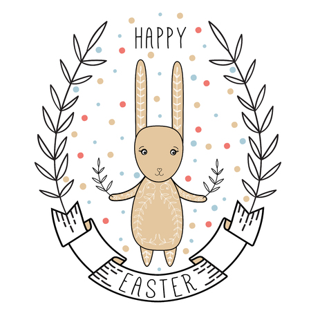 Happy easter card illustration with easter bunny, ribbon and wreathのイラスト素材