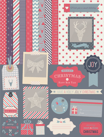 Scrapbook Design Elements: Christmas decorations, frames, ribbon, label, snowflakes, deer and set of cute backgrounds. For design or scrap booking.のイラスト素材