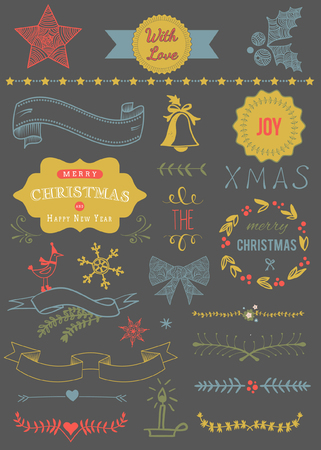 Christmas Vector Set: Design Elements and Page Decoration, Vintage Ribbon, Laurel, Labelのイラスト素材