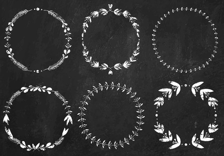 Set of 6 hand-draw chalk vector victory laurel wreaths for stationary on a black chalkboard background for stationary on a black chalkboard backgroundのイラスト素材