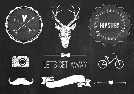 Hipster style infographics elements and icons set for retro design. With bicycle, ribbon, mustache, bow, deer head and camera. Vector illustration. Chalkboard background. Black vector versionのイラスト素材