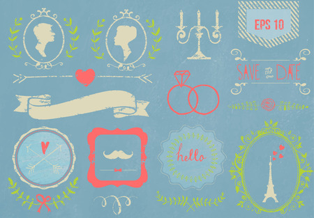 Retro chalk elements and icons set for retro design. Paris style. With ribbon, bow, eiffel tower, border, woman profile, man profile and wedding decor. Vector illustration. Blue textured background.のイラスト素材