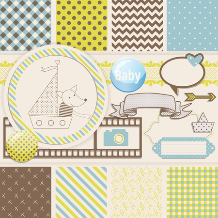 Vintage Design Elements for Scrapbook with seamless pattern and fox on a boatのイラスト素材