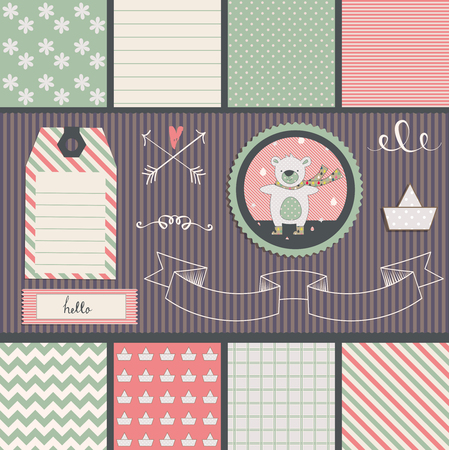 Scrapbook Design Elements. Teddy bear, frames, ribbon, tag, star, flag and cute seamless backgrounds. For design or scrap booking.のイラスト素材