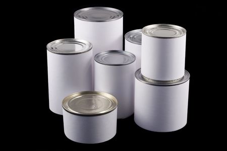 Seven tin cans of different sizes with white labels