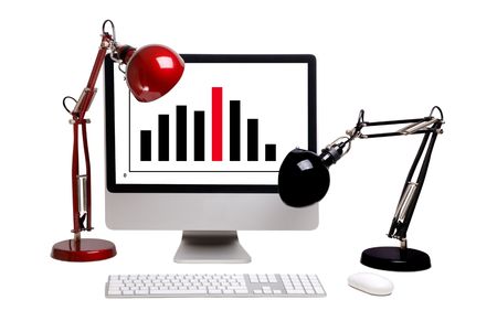 The monitor with graph. A lamp. White background