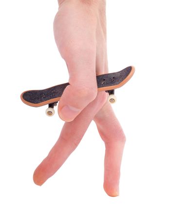 Office entertainment. Fingerboard the reduced copy of a skateboard isolated on a white backgroundの写真素材