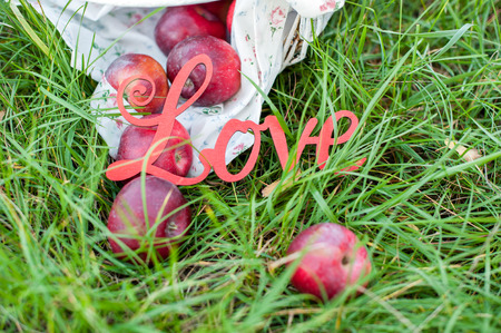 Inscription “Love” on grass among red apples