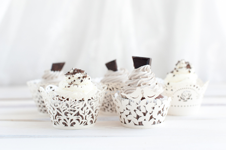 Five delicious cupcakes with chocolate chipsの写真素材