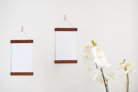 Two frames on a white wall interoir with flowersの写真素材