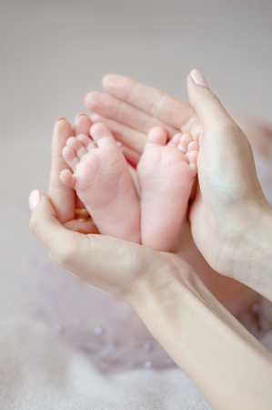 Feet newborn baby in mom's handsの写真素材
