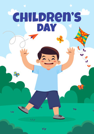 Children's day greeting card. Cute boy flying a kite in the park. Vector illustrationのイラスト素材