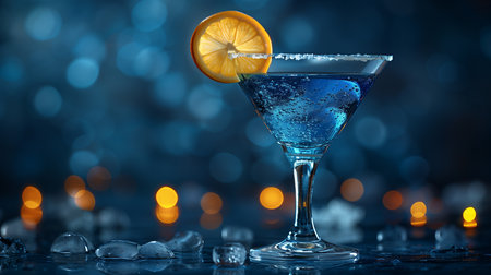 Blue cocktail in martini glass with ice and orange slice on blue backgroundの素材