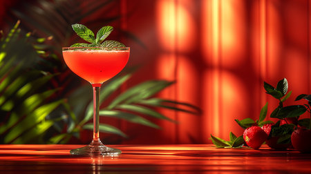 Strawberry margarita cocktail with mint on a red backgroundの素材