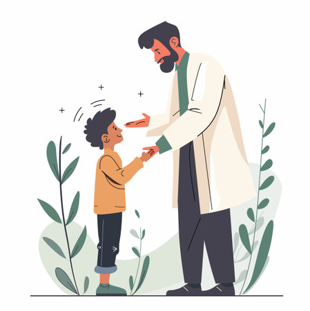 Doctor examining little boy with stethoscope, flat vector illustration.のイラスト素材