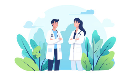 Male and female doctors in white coats standing in front of plants. Vector illustration in flat styleのイラスト素材