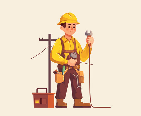 Electrician in uniform with tools. Vector illustration in cartoon style.のイラスト素材
