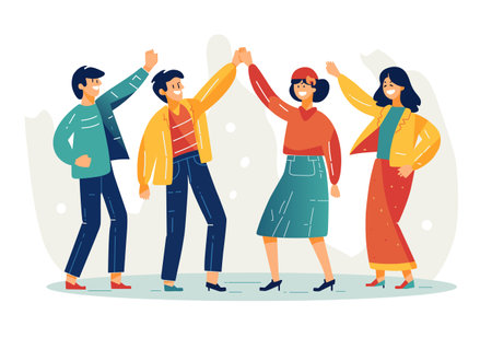 Group of happy young people with raised hands. Flat vector illustration.のイラスト素材