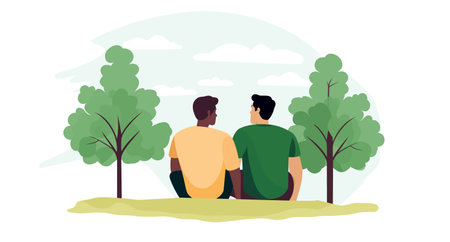 Back view of two men sitting in the park. Flat vector illustrationのイラスト素材