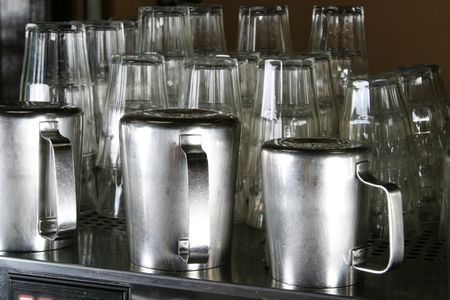 Milk Pitchers for steaming milk for cafe lattesの写真素材