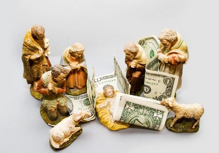 Commercialism vs Christmas, a full vintage nativity set with money included.