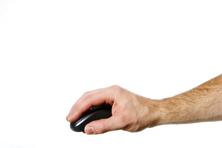 A hand on a computer mouse isolated on white with .の写真素材